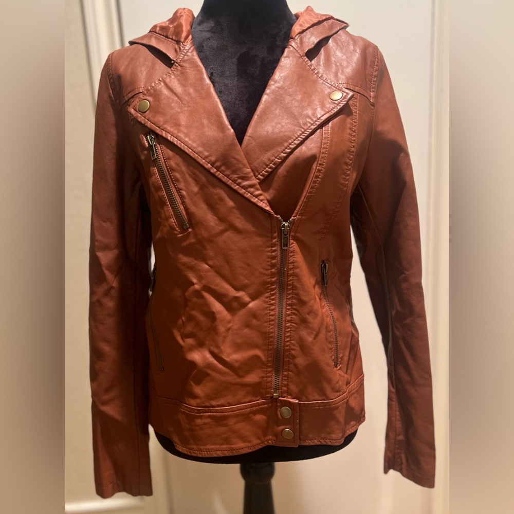 TOBI Vegan Faux Leather Hooded Motorcycle Moto‎ Zippered Brown Jacket Size Small